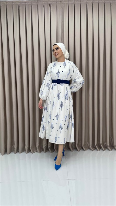 Yaprak Desenli Keten Elbise-mavi