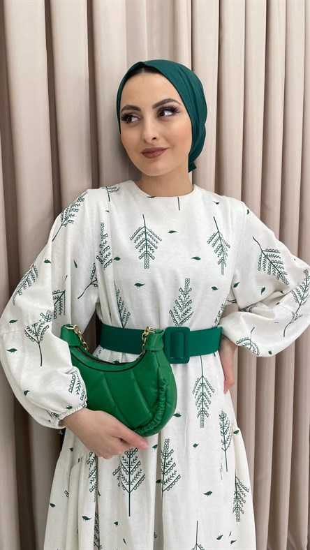 Yaprak Desenli Keten Elbise - YEŞİL