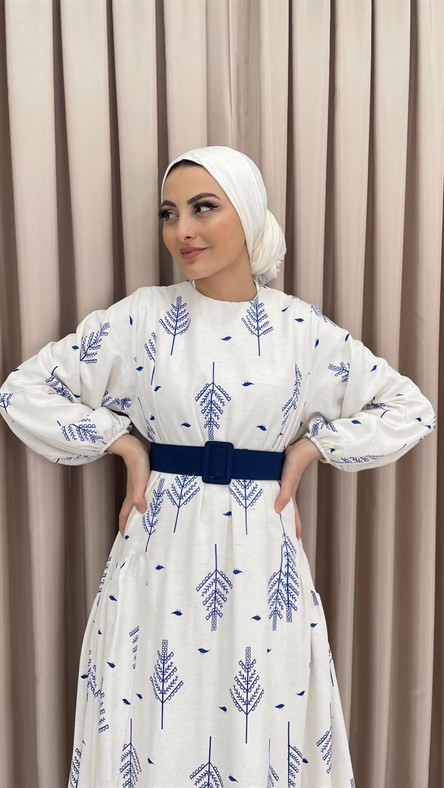 Yaprak Desenli Keten Elbise-mavi