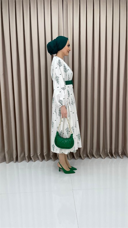 Yaprak Desenli Keten Elbise - YEŞİL