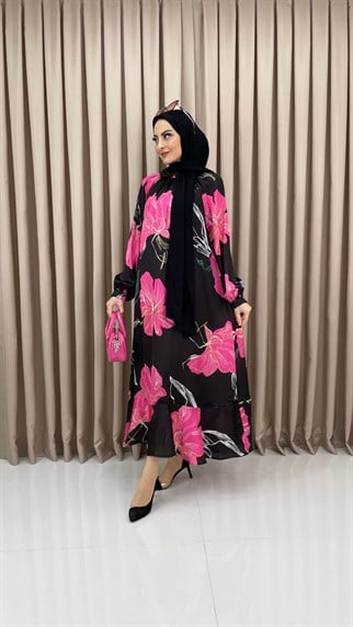 1597 - Çiçek Desenli Renkli Elbise - FUŞYA