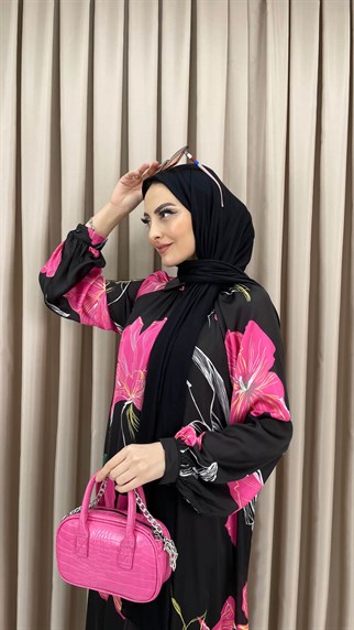 1597 - Çiçek Desenli Renkli Elbise - FUŞYA