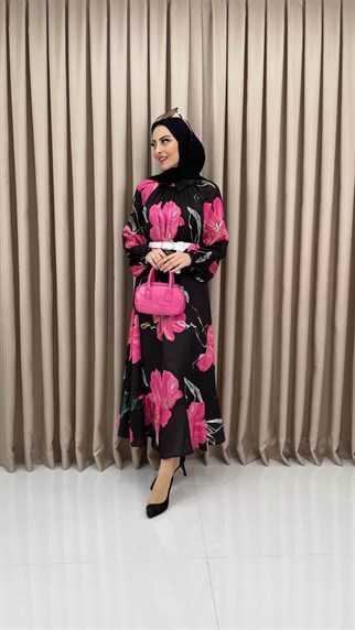 1597 - Çiçek Desenli Renkli Elbise - FUŞYA