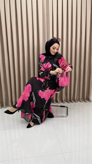 1597 - Çiçek Desenli Renkli Elbise - FUŞYA