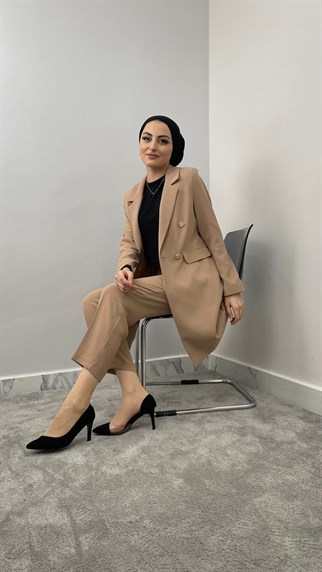 1813 P - Uzun Blazer Ceket ve Sigaret Pantolonlu Tek Renk Takım-Taş