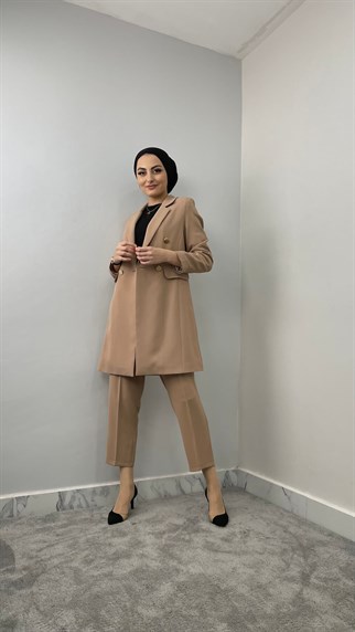 1813 P - Uzun Blazer Ceket ve Sigaret Pantolonlu Tek Renk Takım-Taş