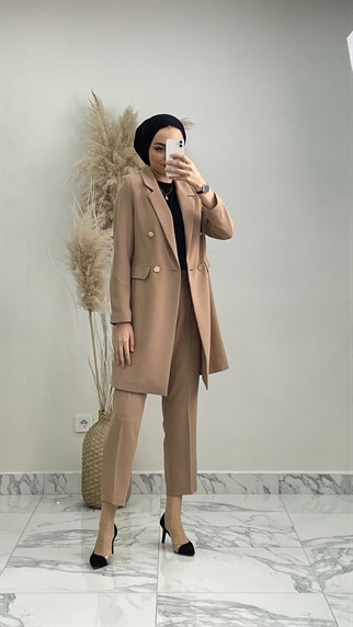 1813 P - Uzun Blazer Ceket ve Sigaret Pantolonlu Tek Renk Takım-Taş