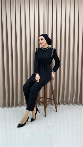 1725 - Taş Süslemeli İkili Takım - SİYAH