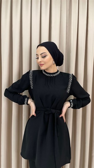 1725 - Taş Süslemeli İkili Takım - SİYAH