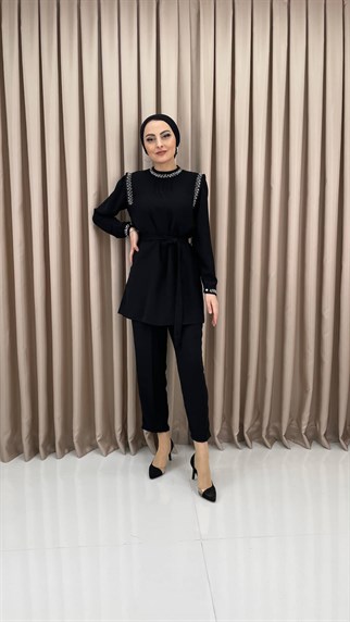 1725 - Taş Süslemeli İkili Takım - SİYAH