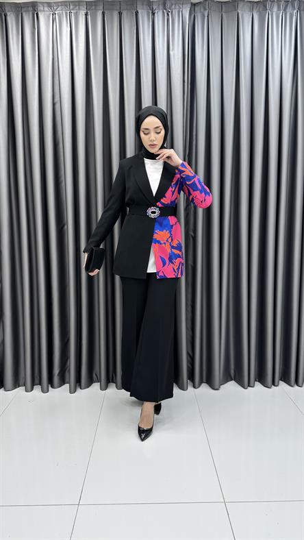 1776 O - Çok Renkli Ceket ve İspanyol Paça Pantolonlu Krep Bayan Takım-Fuşya