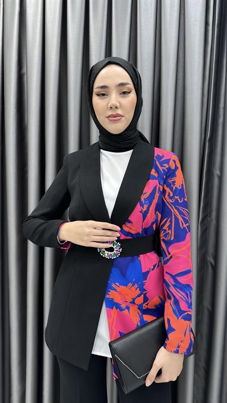 1776 O - Çok Renkli Ceket ve İspanyol Paça Pantolonlu Krep Bayan Takım-Fuşya