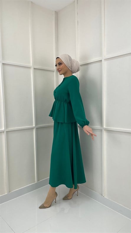 Kat Detaylı Düğmeli İkili Takım-zümrüt