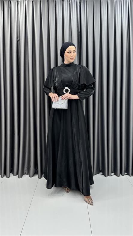 2209 P - Pelerin Kol ve Kemer Detaylı Tafta Abiye Elbise-Siyah