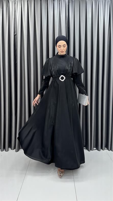 2209 P - Pelerin Kol ve Kemer Detaylı Tafta Abiye Elbise-Siyah