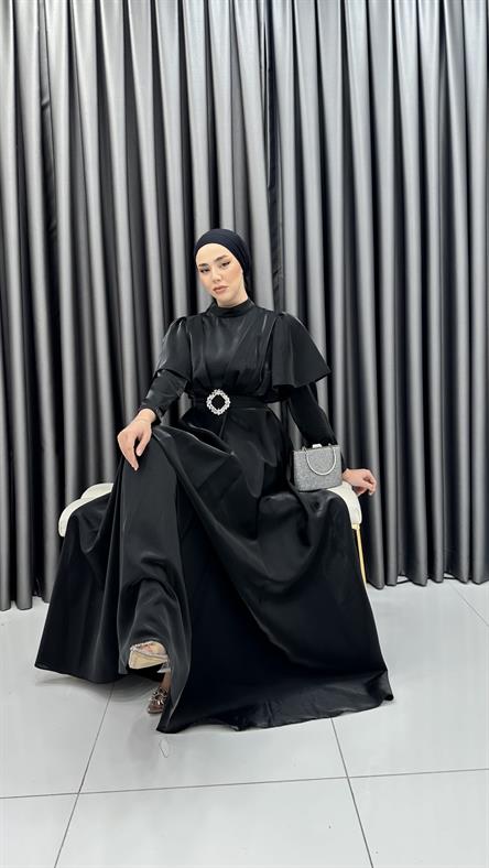 2209 P - Pelerin Kol ve Kemer Detaylı Tafta Abiye Elbise-Siyah