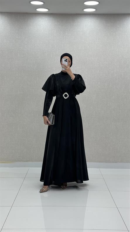 2209 P - Pelerin Kol ve Kemer Detaylı Tafta Abiye Elbise-Siyah