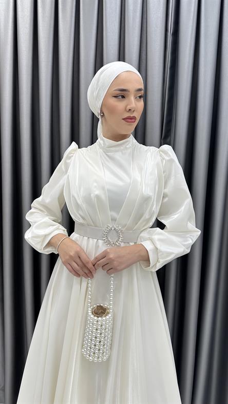2282 P - Beli Taş Toka Detaylı Abiye Elbise-Ekru