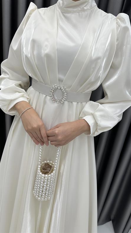 2282 P - Beli Taş Toka Detaylı Abiye Elbise-Ekru