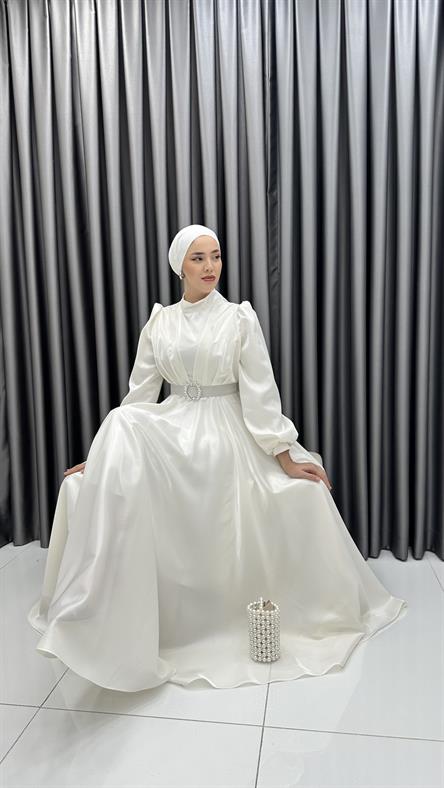 2282 P - Beli Taş Toka Detaylı Abiye Elbise-Ekru
