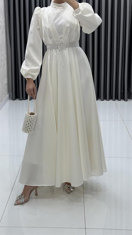 2282 P - Beli Taş Toka Detaylı Abiye Elbise-Ekru