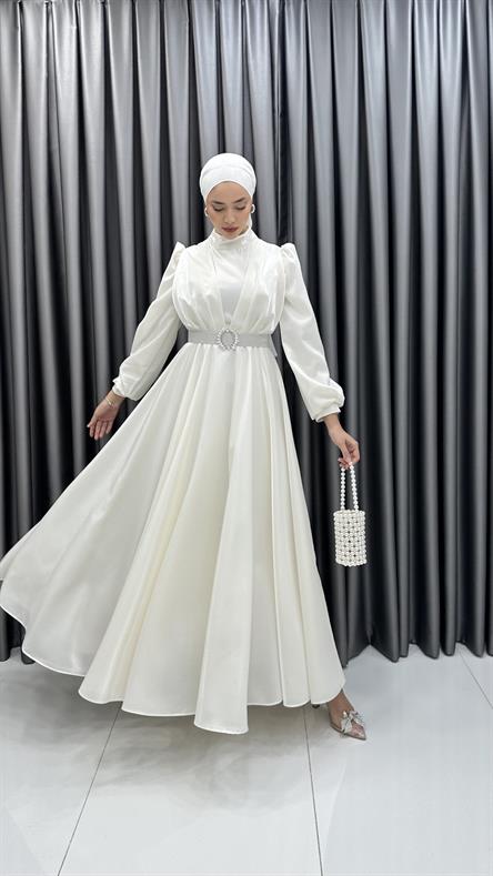 2282 P - Beli Taş Toka Detaylı Abiye Elbise-Ekru