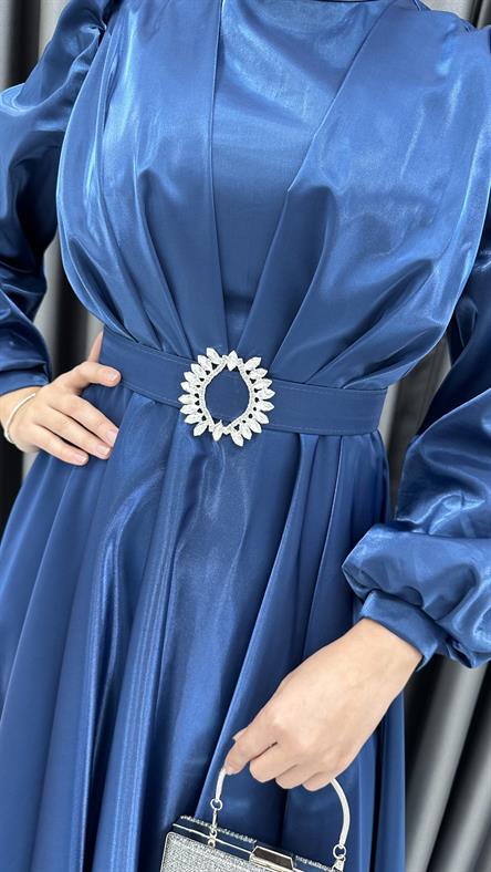 2282 P - Beli Taş Toka Detaylı Abiye Elbise-İndigo Mavi