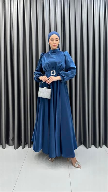 2282 P - Beli Taş Toka Detaylı Abiye Elbise-İndigo Mavi