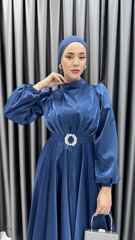 2282 P - Beli Taş Toka Detaylı Abiye Elbise-İndigo Mavi