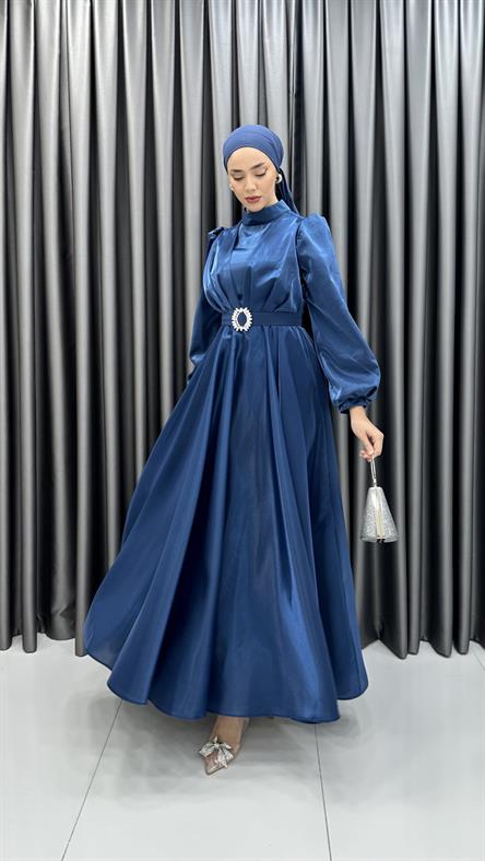 2282 P - Beli Taş Toka Detaylı Abiye Elbise-İndigo Mavi