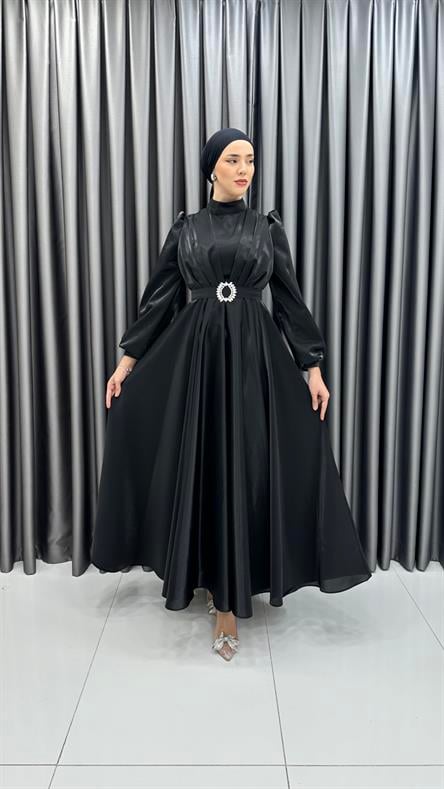 2282 P - Beli Taş Toka Detaylı Abiye Elbise-Siyah