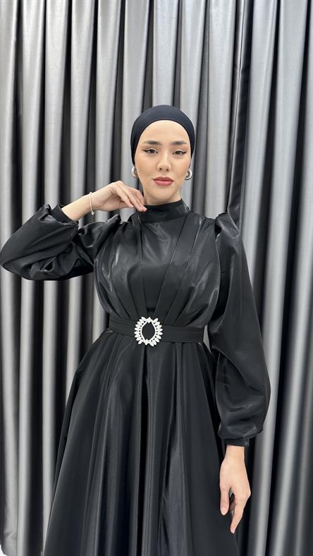 2282 P - Beli Taş Toka Detaylı Abiye Elbise-Siyah