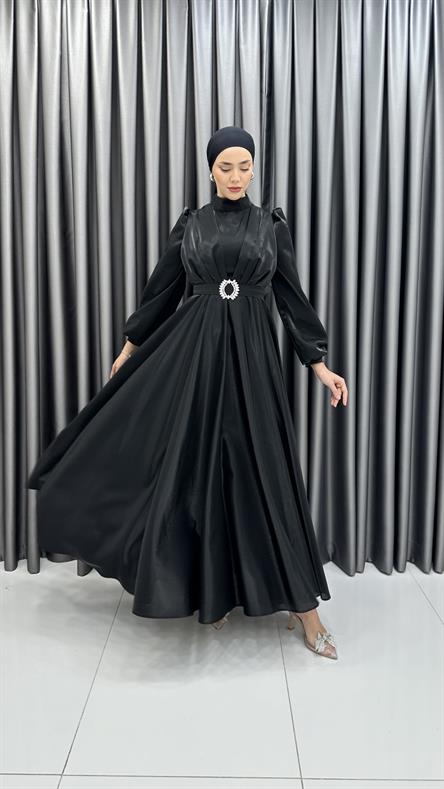 2282 P - Beli Taş Toka Detaylı Abiye Elbise-Siyah