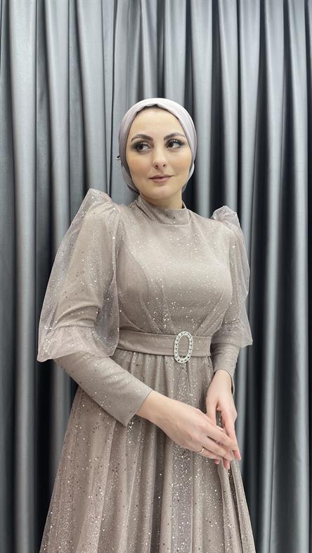 2304 N - Karpuz Kol ve Kemer Detaylı Işıltılı Tül Kumaş Abiye Elbise-Pudra