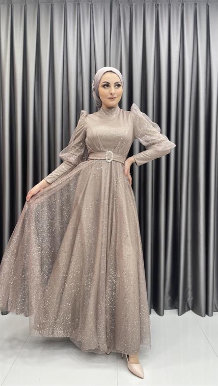 2304 N - Karpuz Kol ve Kemer Detaylı Işıltılı Tül Kumaş Abiye Elbise-Pudra