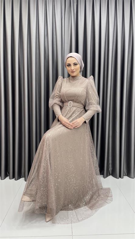2304 N - Karpuz Kol ve Kemer Detaylı Işıltılı Tül Kumaş Abiye Elbise-Pudra