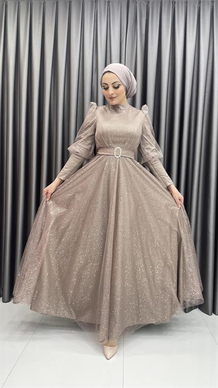 2304 N - Karpuz Kol ve Kemer Detaylı Işıltılı Tül Kumaş Abiye Elbise-Pudra