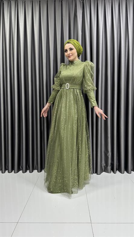 2304 N - Karpuz Kol ve Kemer Detaylı Işıltılı Tül Kumaş Abiye Elbise -Yeşil