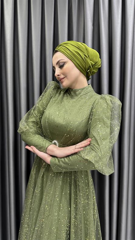 2304 N - Karpuz Kol ve Kemer Detaylı Işıltılı Tül Kumaş Abiye Elbise -Yeşil