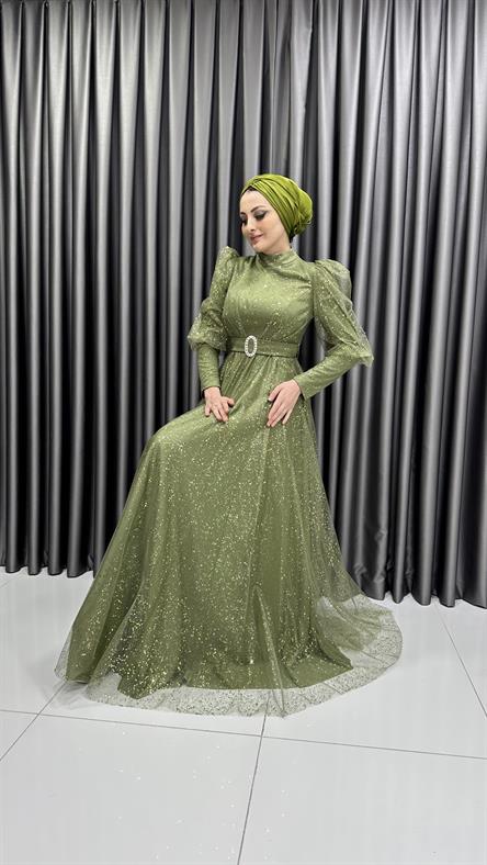 2304 N - Karpuz Kol ve Kemer Detaylı Işıltılı Tül Kumaş Abiye Elbise -Yeşil