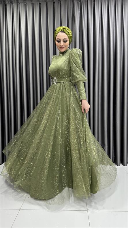 2304 N - Karpuz Kol ve Kemer Detaylı Işıltılı Tül Kumaş Abiye Elbise -Yeşil