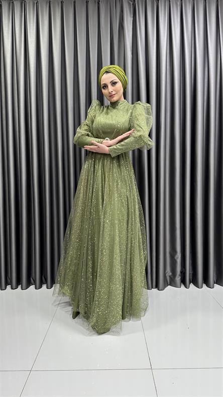 2304 N - Karpuz Kol ve Kemer Detaylı Işıltılı Tül Kumaş Abiye Elbise -Yeşil