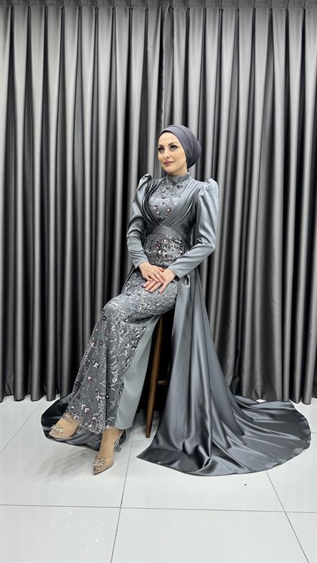 2308 N - Pullu İşleme ve Ek Etek Görünümlü Saten Abiye Elbise-Gri