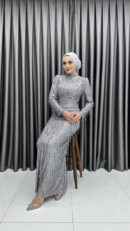 2314 N - Püskül Detaylı Çizgili Kendinden Pullu Abiye Elbise-Gri