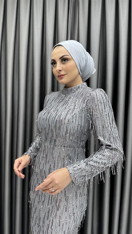 2314 N - Püskül Detaylı Çizgili Kendinden Pullu Abiye Elbise-Gri