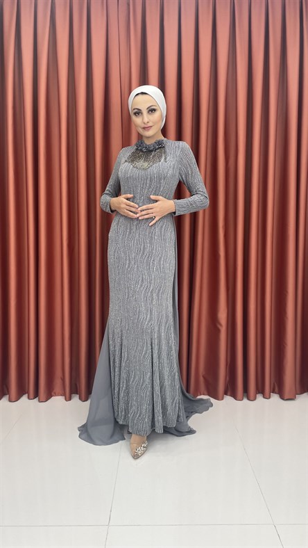 238 G Bayan Abiye Elbise-Gri