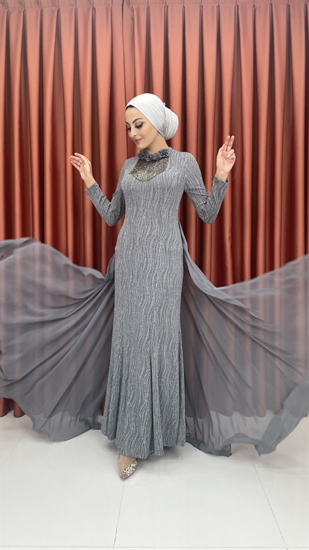 238 G Bayan Abiye Elbise-Gri