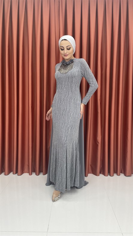 238 G Bayan Abiye Elbise-Gri