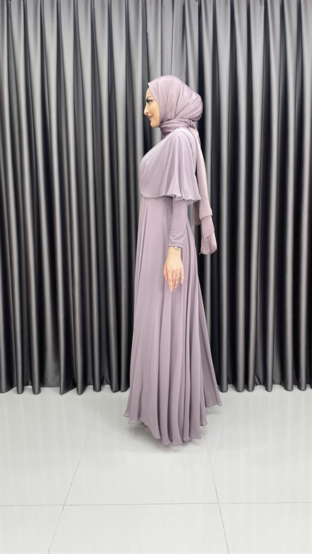 240 – Yarasa Kol Şifon Kumaş Abiye-Lila