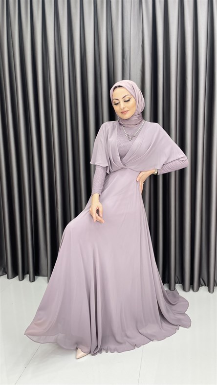 240 – Yarasa Kol Şifon Kumaş Abiye-Lila